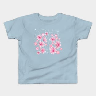 Cherry Blossoms In Snow_Blue Background Kids T-Shirt